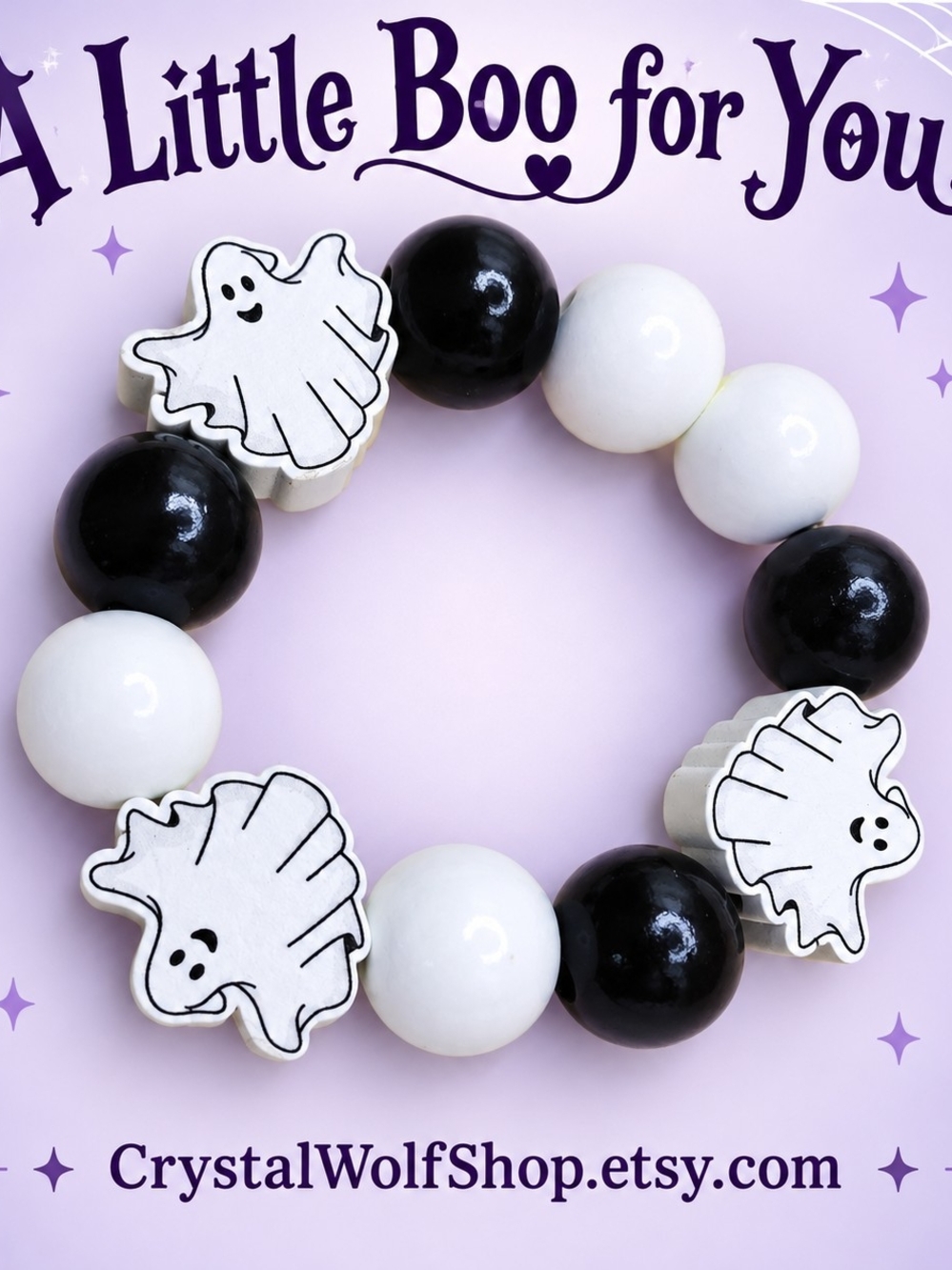 Crystal Wolf Black & White Ghost Stretch Bracelet for Kids